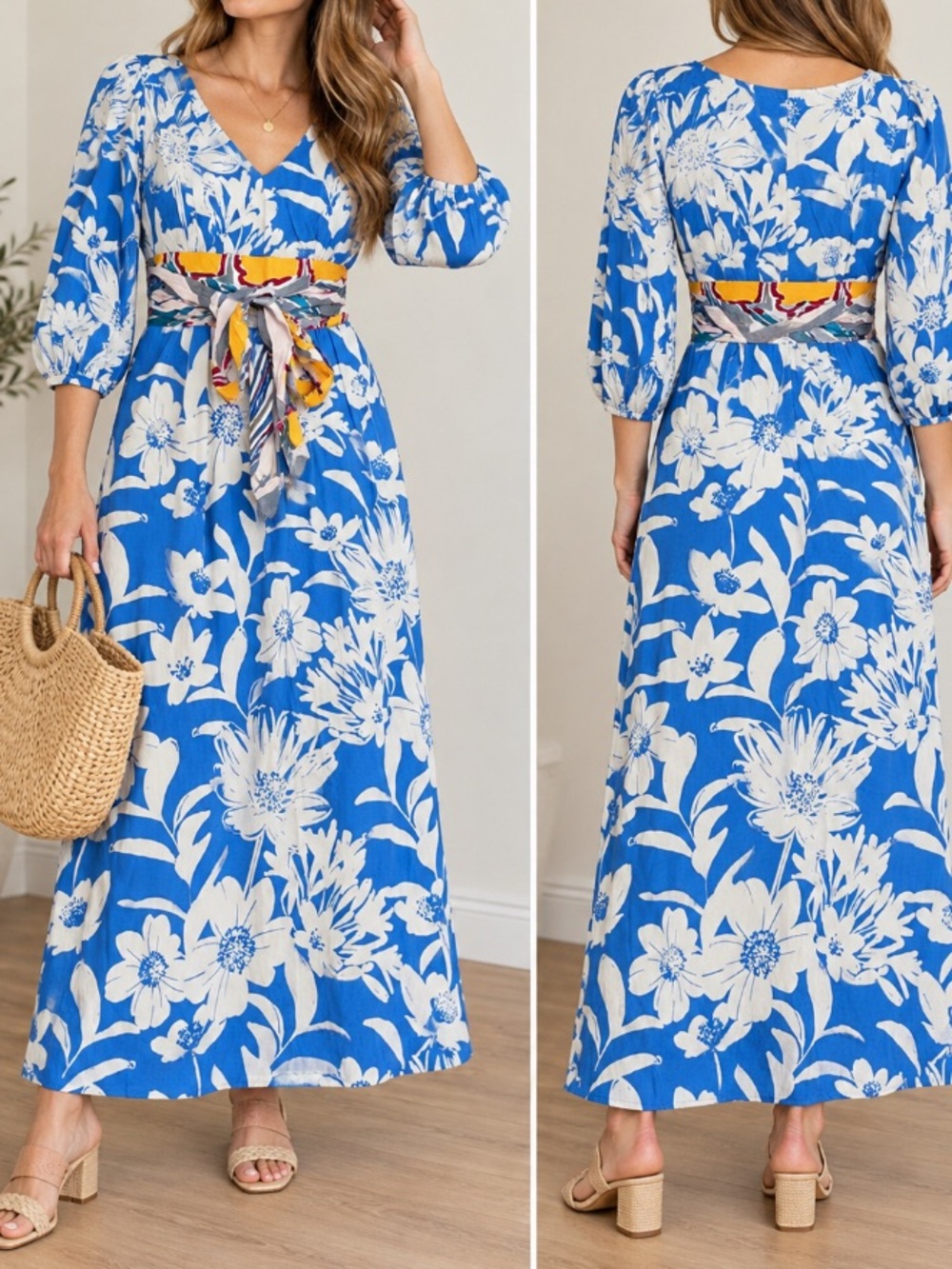 Anthropologie Blue and White Floral V-Neck Maxi Dress with Printed Tie Belt